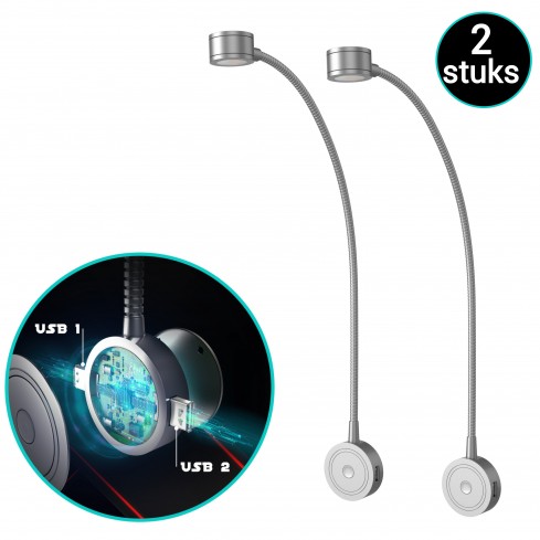 LED Bedlampjes met flexibele arm, dimfunctie en USB (2 stuks)