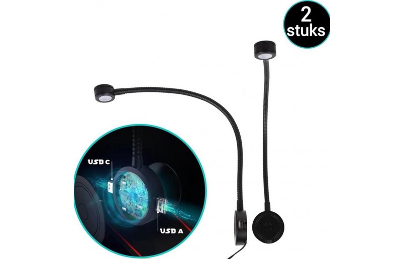 Led Bedlampjes met flexibele arm, dimfunctie, USB én USB-C (2 stuks) 