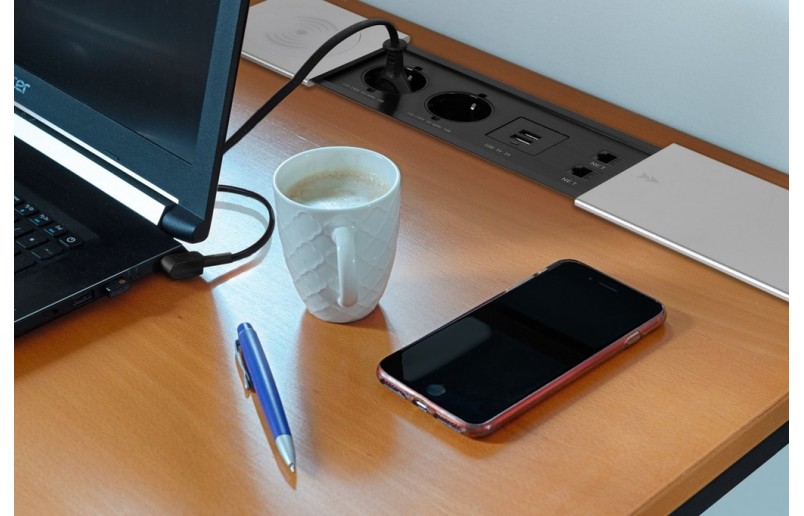 Bureaustopcontact zilver met 2 stopcontacten, 2 USB poorten, 2 internetaansluiting en draadloze oplader