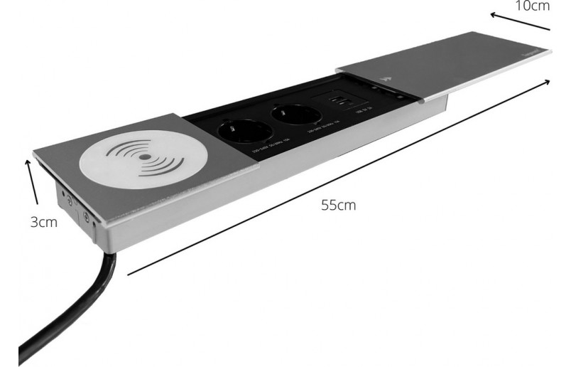 Bureaustopcontact zilver met 2 stopcontacten, 2 USB poorten, 2 internetaansluiting en draadloze oplader