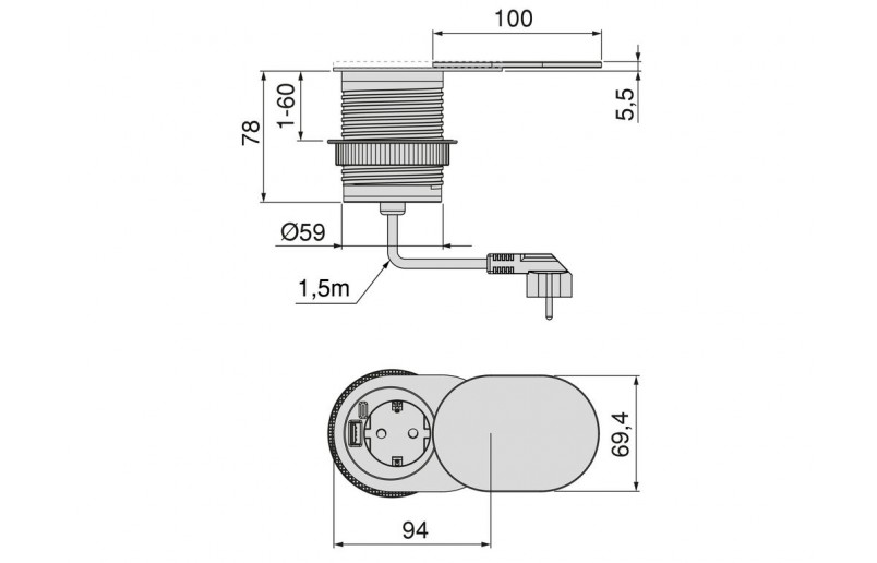 Meubel stopcontact inbouw met RVS deksel - SC1000RVS