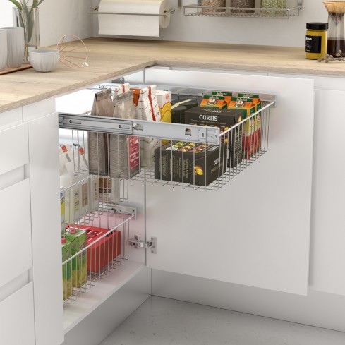 Draadmand / schuiflade Menage Confort met zelfsluitende zijgeleiders voor kastfront van 300 tot 600 mm