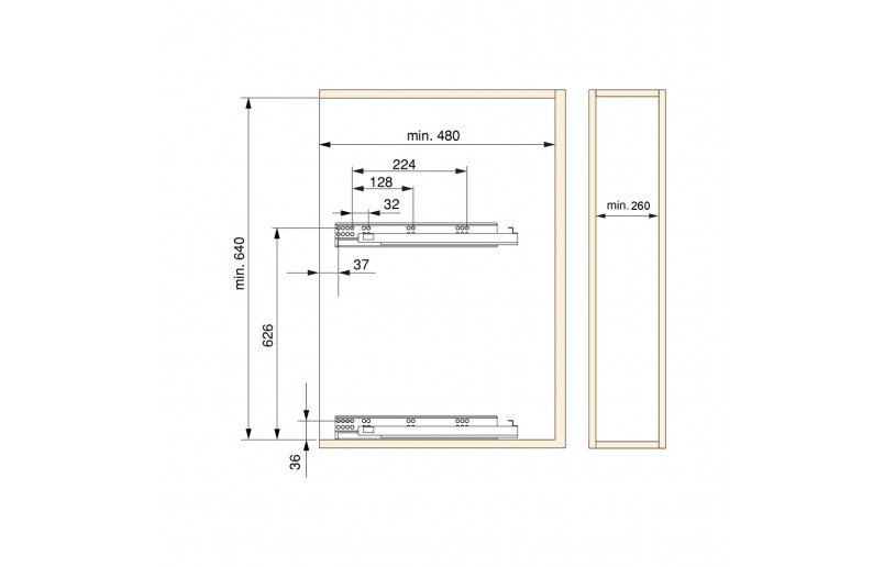 Uittrekframe met wandbevestiging links voor keukenkasten met kastbreedte 300 mm