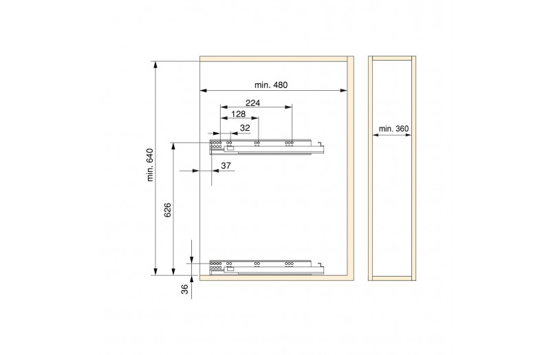 Uittrekframe met wandbevestiging links voor keukenkasten met kastbreedte 400 mm