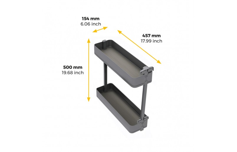 Uittrekbaar potten- en flessenrek met 2 plateaus voor keukenkasten met breedte 200 mm