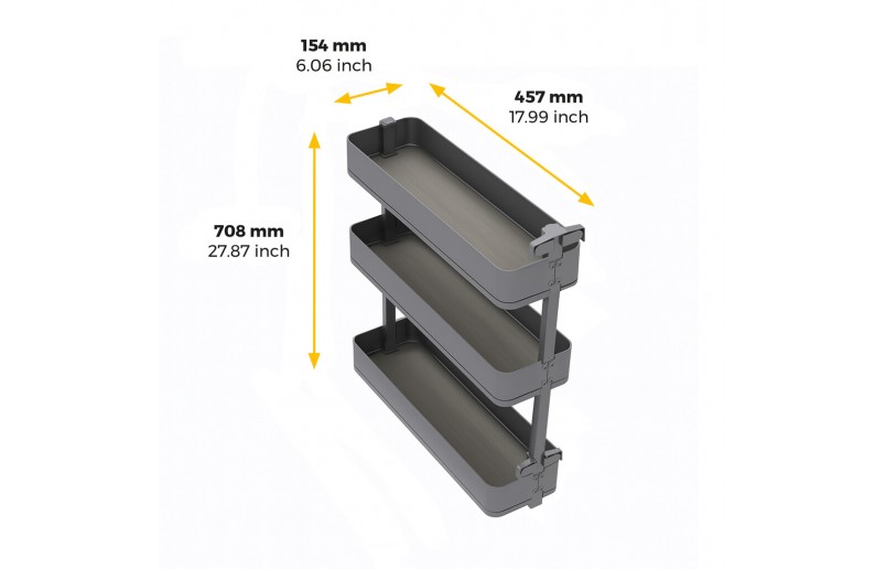 Uittrekbaar potten- en flessenrek met 3 plateaus voor keukenkaste met breedte 200 mm