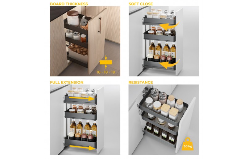 Uittrekframe met 3 opberg plateaus voor keukenkasten met breedte 400 mm