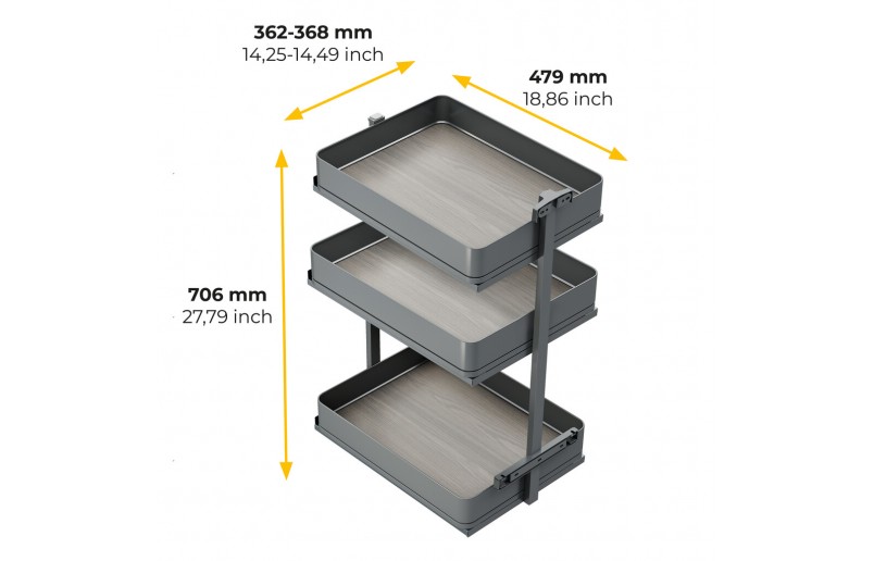 Uittrekframe met 3 opberg plateaus voor keukenkasten met breedte 400 mm