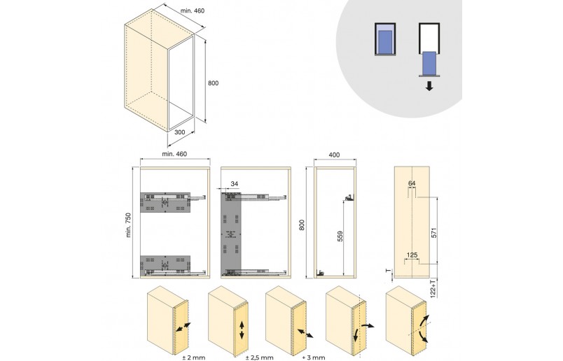 Uittrekframe met 3 opberg plateaus voor keukenkasten met breedte 400 mm