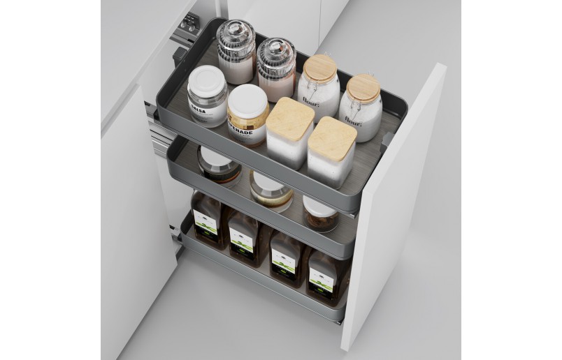 Uittrekframe met 3 opberg plateaus voor keukenkasten met breedte 400 mm