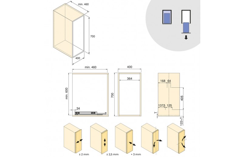 Uittrekframe met manden en bakjes voor keukenkasten met breedte 400 mm