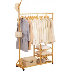 Bamboe houten kledingrek naturel 100cm breed op wielen