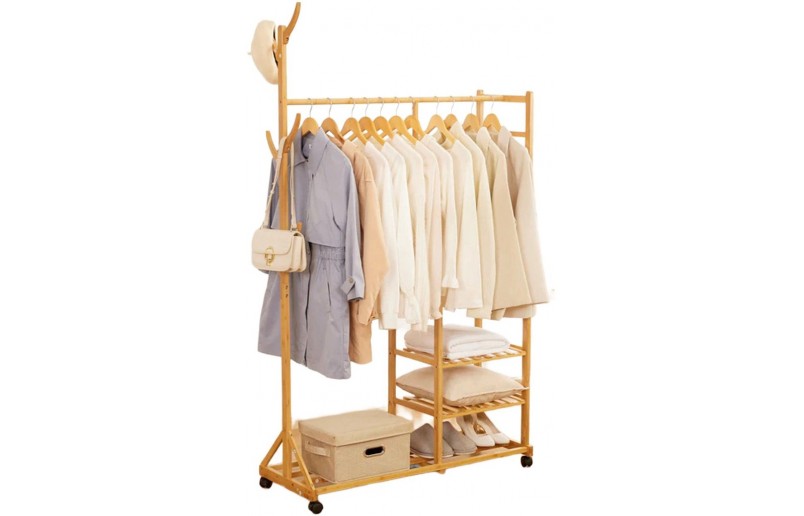 Bamboe houten kledingrek naturel 100cm breed op wielen