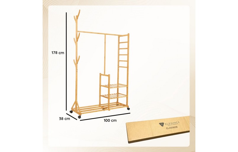 Bamboe houten kledingrek naturel 100cm breed op wielen