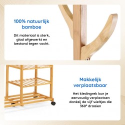 Bamboe houten kledingrek naturel 100cm breed op wielen