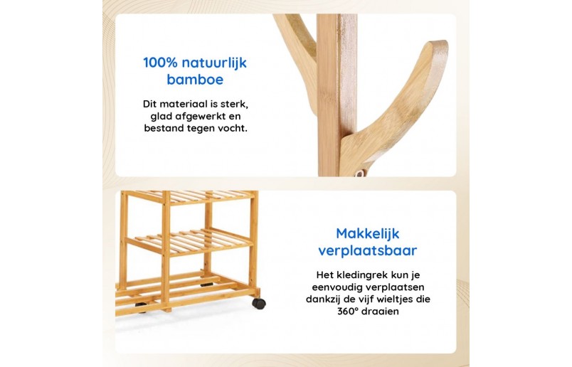 Bamboe houten kledingrek naturel 100cm breed op wielen