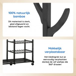 Bamboe houten kledingrek zwart 100 cm breed op wielen