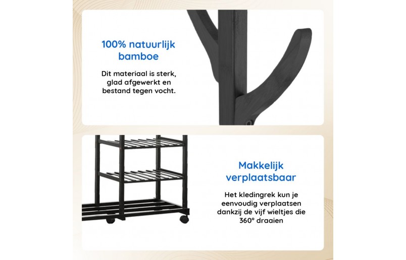 Bamboe houten kledingrek zwart 100 cm breed op wielen