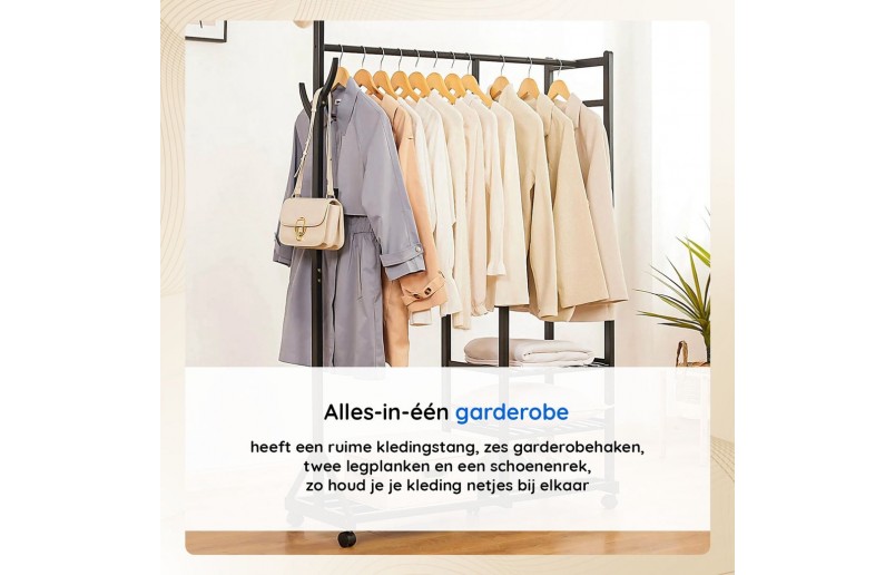 Bamboe houten kledingrek zwart 100 cm breed op wielen