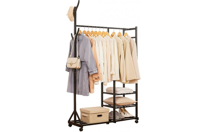 Bamboe houten kledingrek zwart 100 cm breed op wielen
