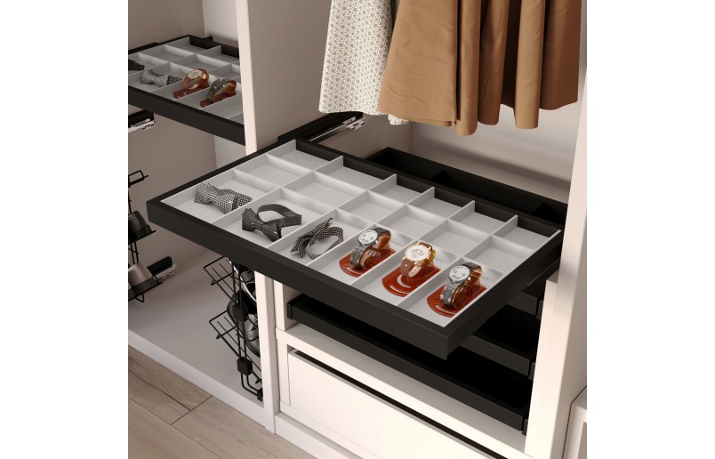 Uittrekbare sieradenlade - zwarte lade met vakindeling