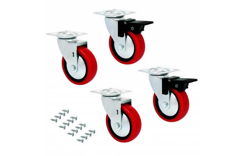 Meubelwielen rood rubber in set á 4 stuks 64 mm hoog