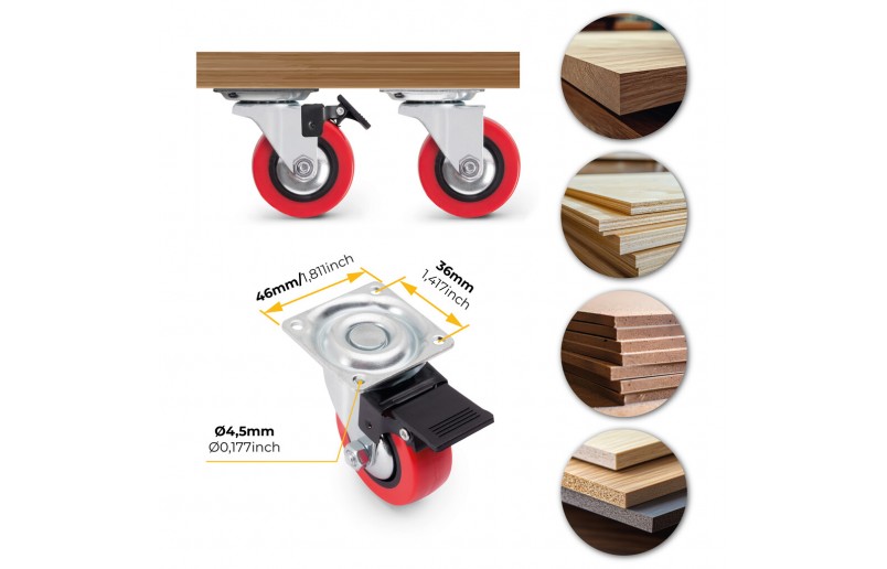 Meubelwielen rood rubber in set á 4 stuks 64 mm hoog