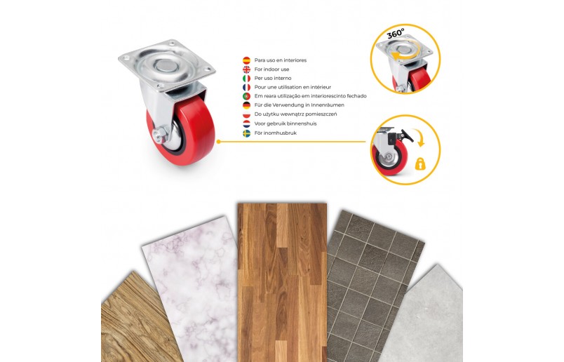 Meubelwielen rood rubber in set á 4 stuks 64 mm hoog
