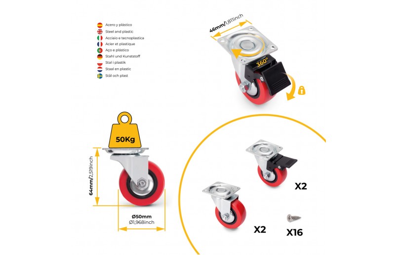 Meubelwielen rood rubber in set á 4 stuks 64 mm hoog