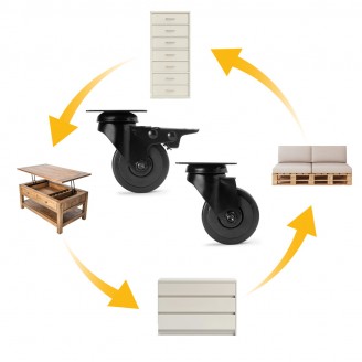 Meubelwielen zwart rubber in set á 4 stuks 73 mm hoog