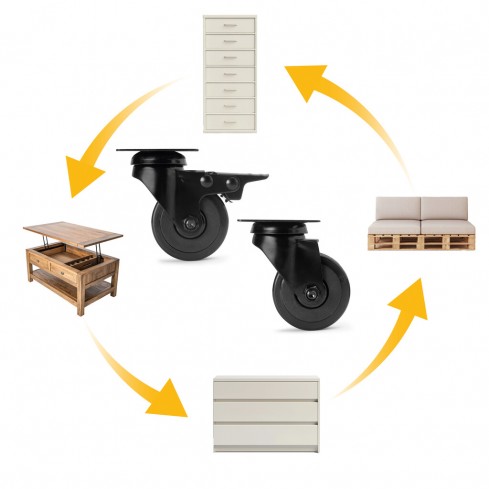 Meubelwielen zwart rubber in set á 4 stuks 73 mm hoog