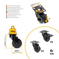Meubelwielen zwart rubber in set á 4 stuks 73 mm hoog