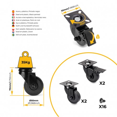 Meubelwielen zwart rubber in set á 4 stuks 73 mm hoog