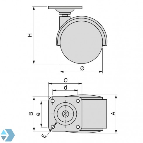 Meubelwiel hard met plaat 54 mm hoog