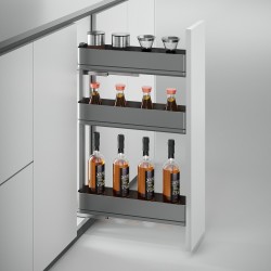Uittrekbaar potten- en flessenrek met 3 plateaus voor keukenkasten met breedte 150 mm